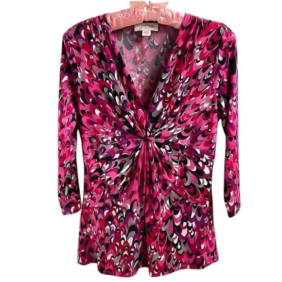 Josephine Studio Womens VNeck Gathered Bodice Blouse  Small Fushia Multi Color - Picture 1 of 9